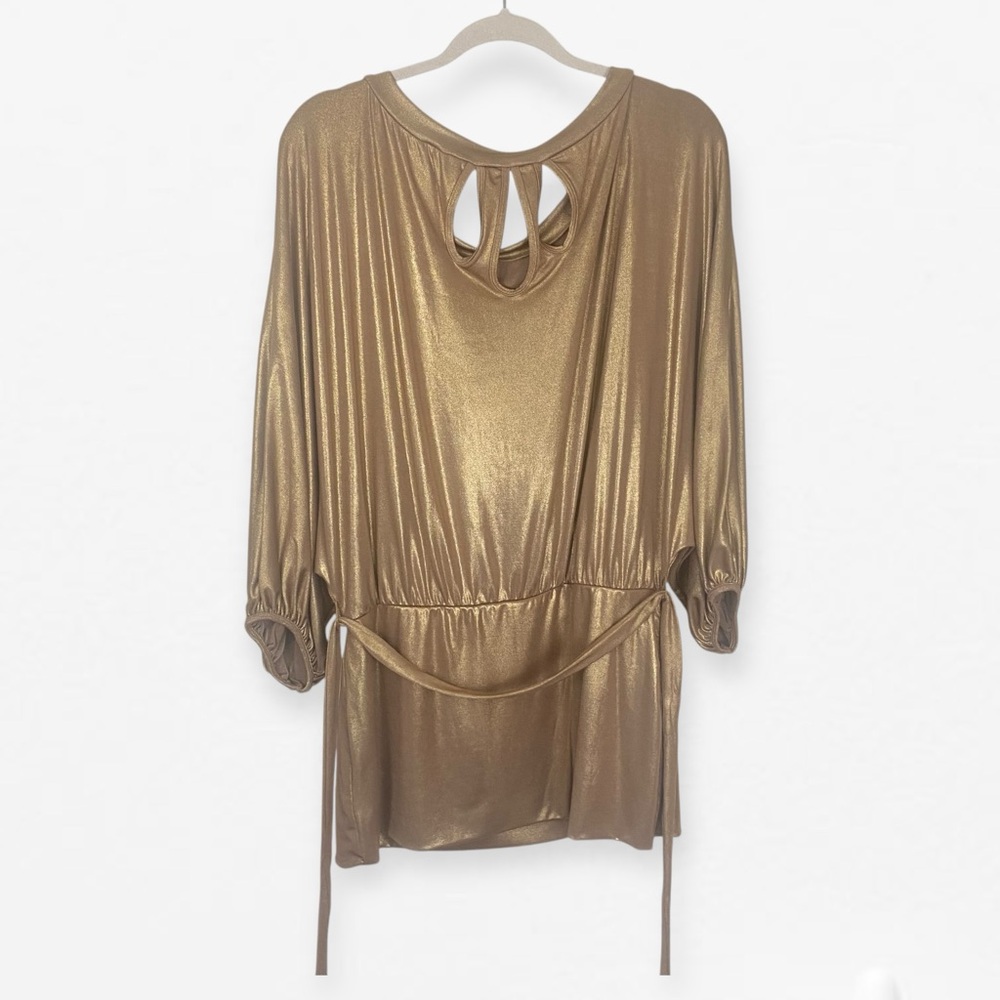 Bisou Bisou Elegant Metallic Gold tie waist Women's Top blouse L - Picture 5 of 7